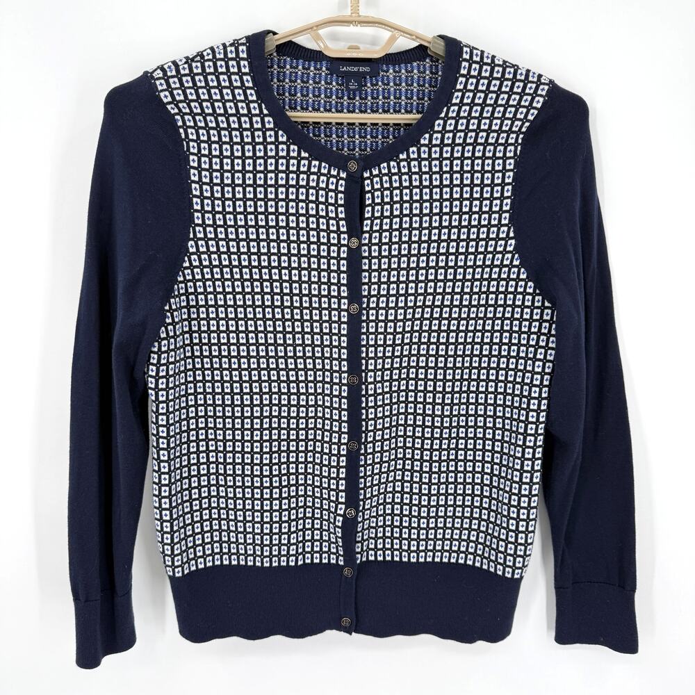 Lands End Womens Cotton Cardigan Sweater Geometric Pattern Blue Size Large 14/16